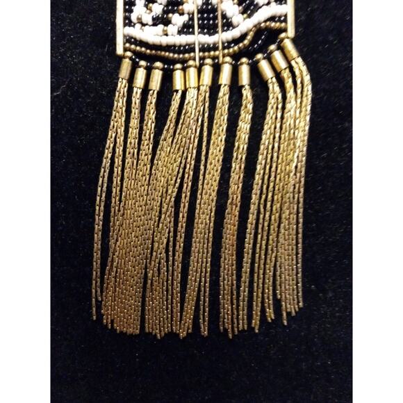 Lucky Brand Necklace Long Beaded Fringe Chest Plate Gold Black White Boho - Picture 7 of 8